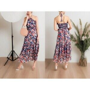 Misa Los Angeles DALLIN Blue Floral Halter Ruffle ruched  Maxi  Tiered Dres SZ S